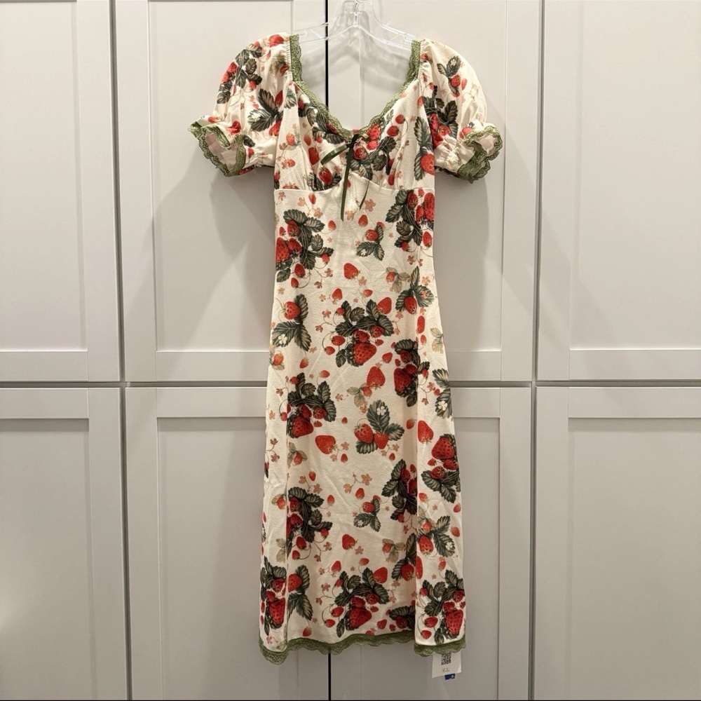 Cider Strawberry Floral Lace Trim Bow Midi Dress Fairy Cottagecore Coquette NEW! - Picture 7 of 16
